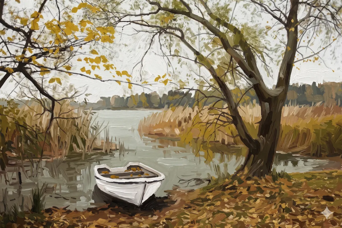 Lakeside Boat Under Trees