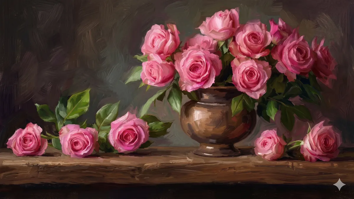 Pink Roses Brass Vase